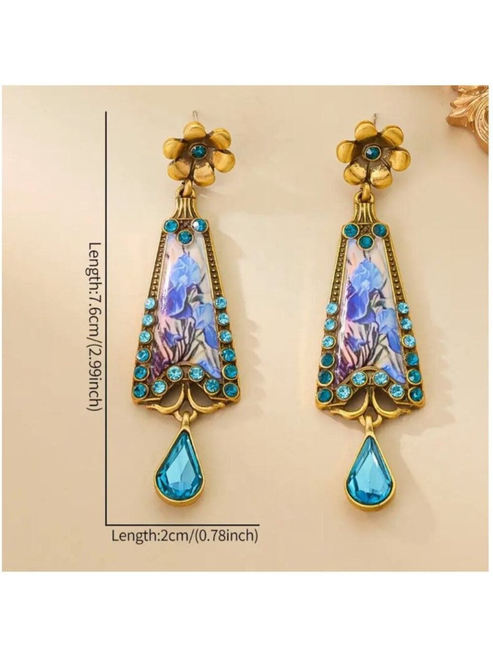 Art Nouveau Style Iris Earrings Gold Tone with Blue Crystals - Picture 2 of 2